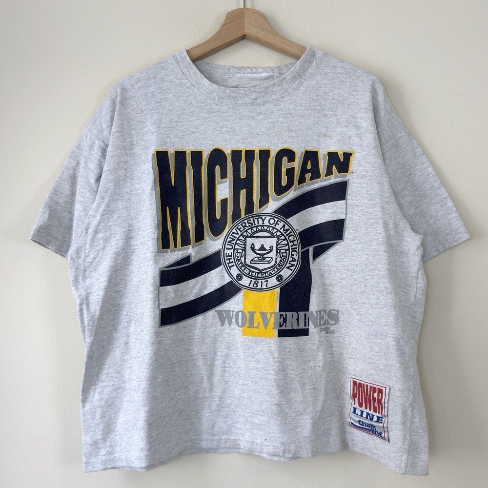 Vintage 90's University Of Michigan Wolverines Chalk Line Grey Tee Shirt - XL